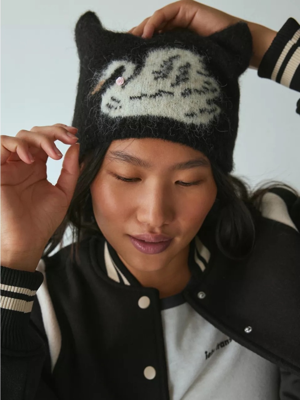 Urban Outfitters Black Knit Cat-Ear Beanie with White Face Motif